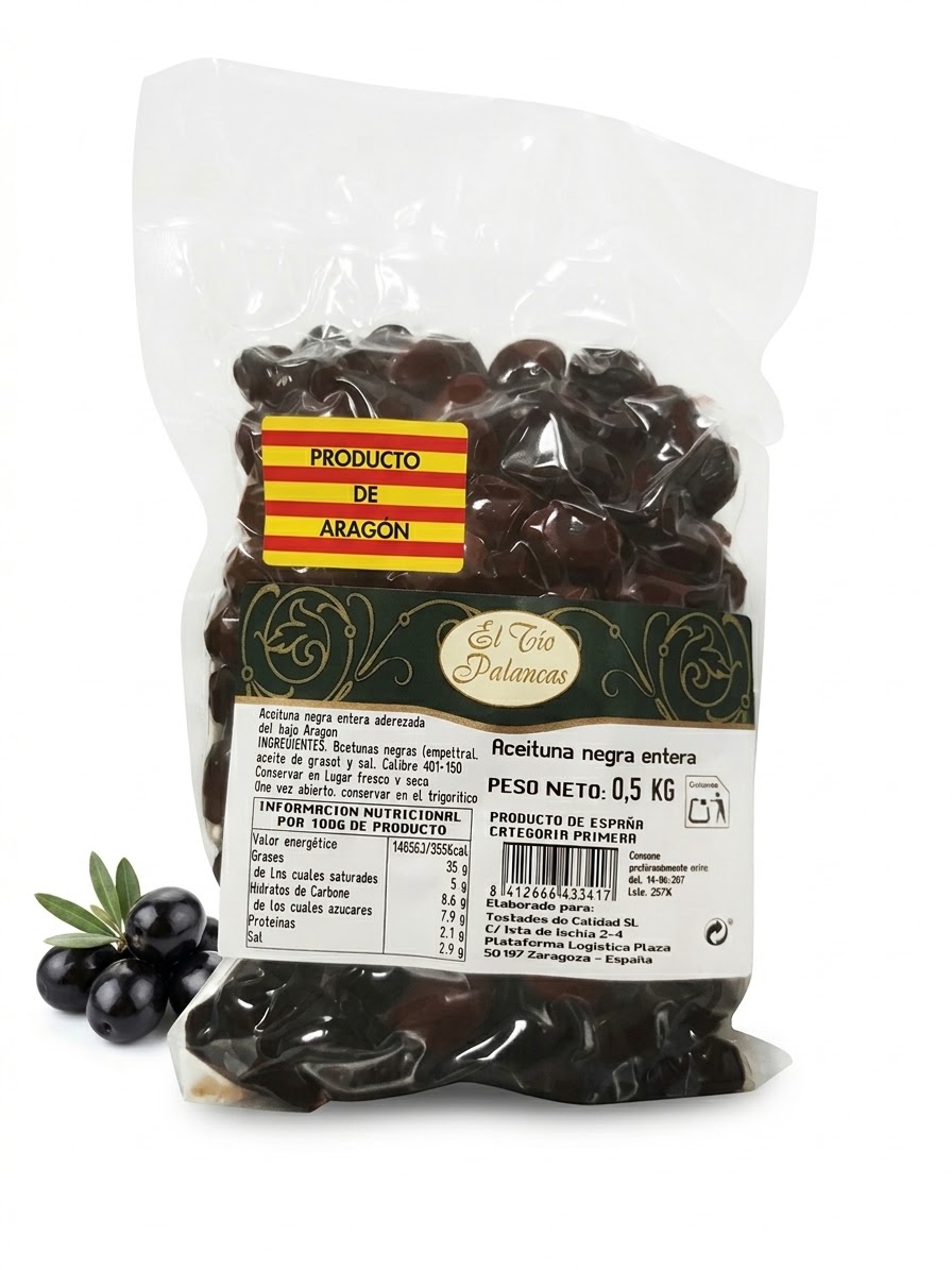 Aceituna negra entera Empeltre de Aragón El Tío Palancas en bolsa de 500 g