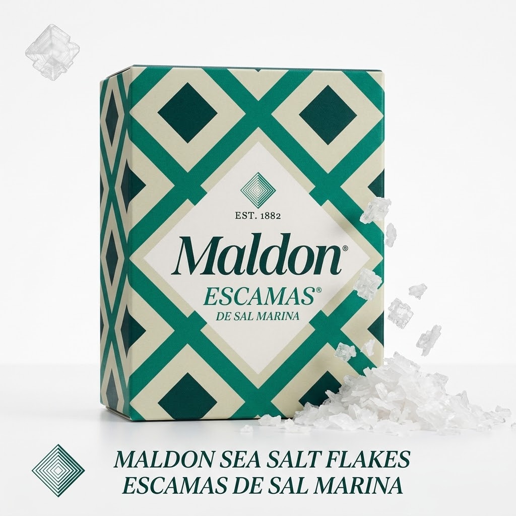 Caja de escamas de sal marina Maldon de 250 g con escamas de sal al lado