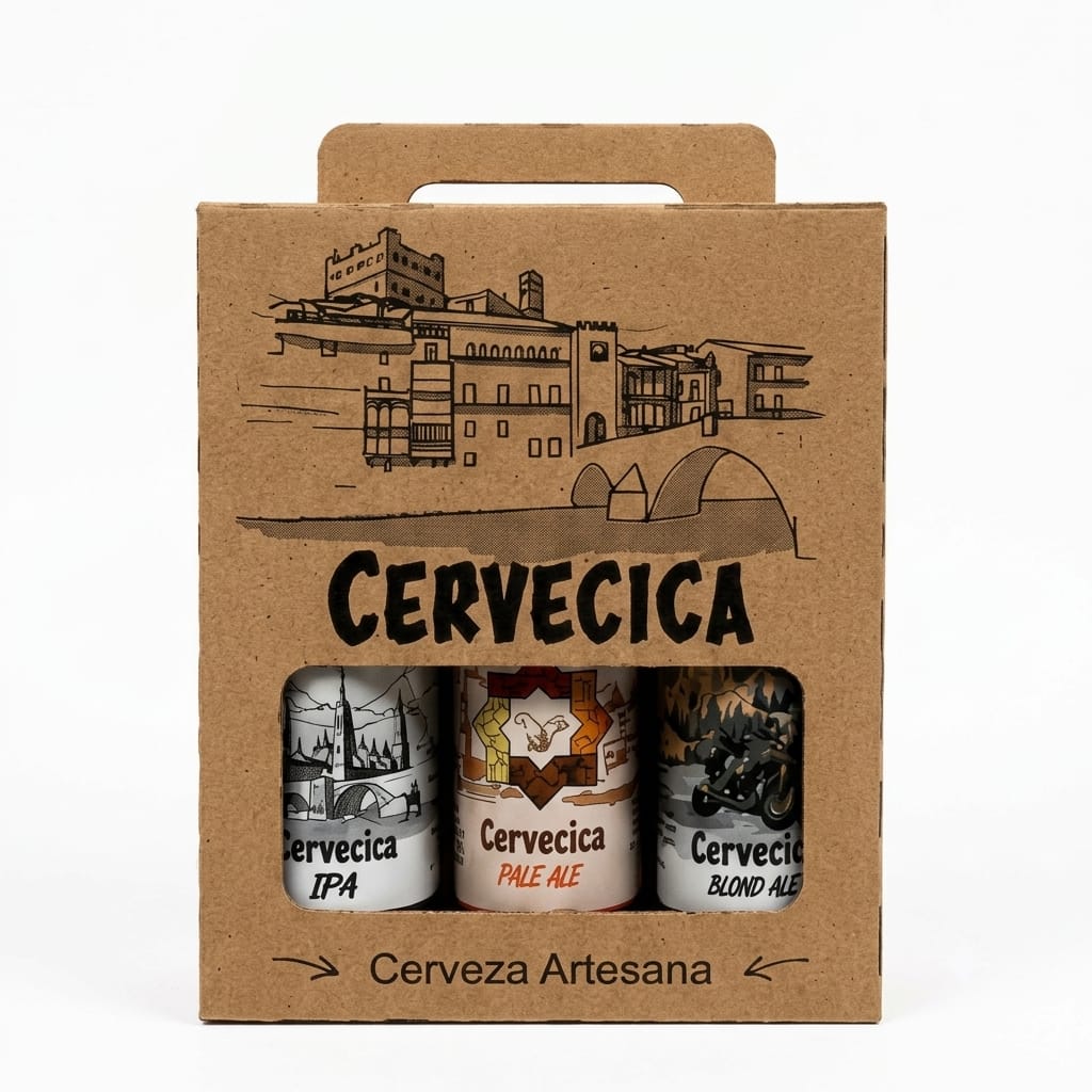 Caja de cartón Cervecica con cervezas IPA, Pale Ale y Blond Ale