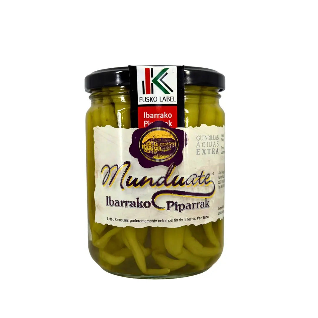 Tarro de piparras de Ibarra Munduate con sello Eusko Label de 410 g