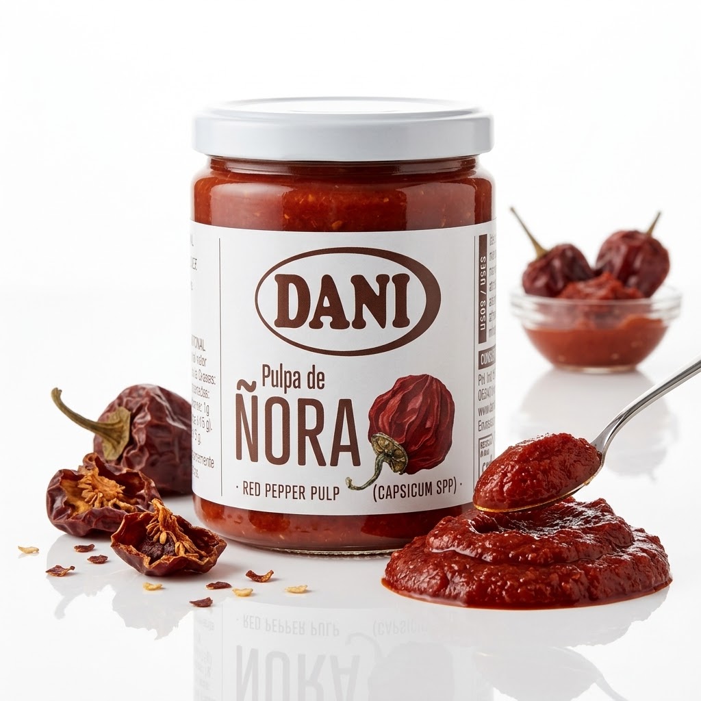 Tarro de pulpa de ñora Dani de 125 g con ñoras secas y una cuchara de pulpa