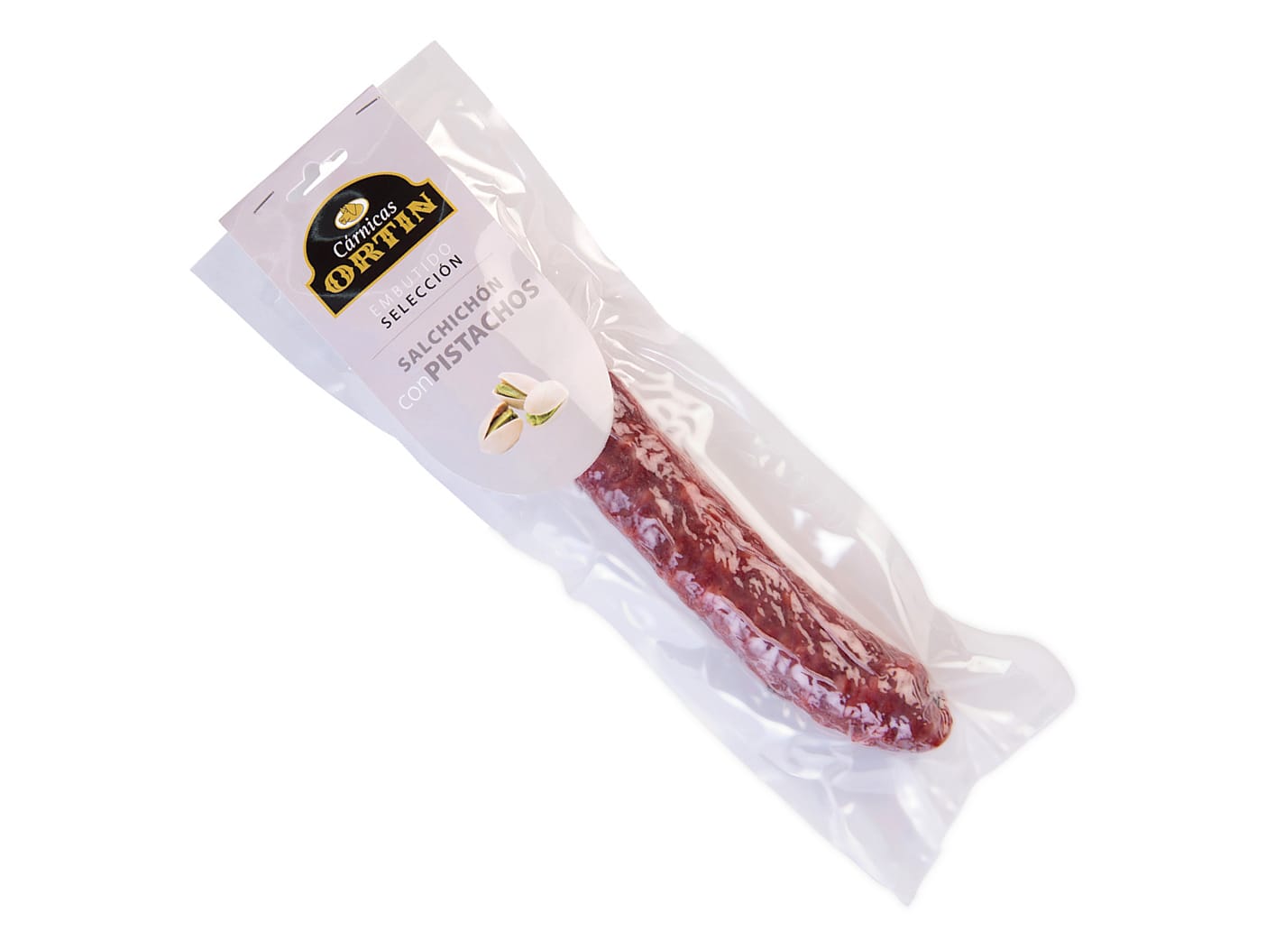 Salchichón con pistachos Cárnicas Ortín de 225 g aproximados, envasado al vacío