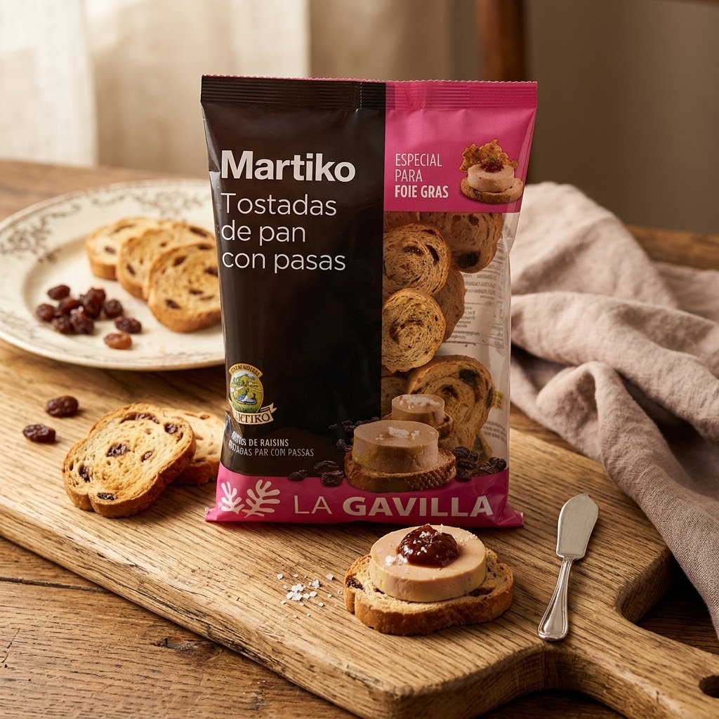 Bolsa de tostadas de pan con pasas Martiko de 100 g, especial para foie gras